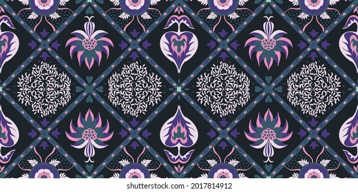 Ikat seamless pattern. Border with snowflakes. Openwork lace. New year Christmas background. Vector tie dye shibori print with stripes and chevron. Ink textured japanese background. Bohemian fashion.