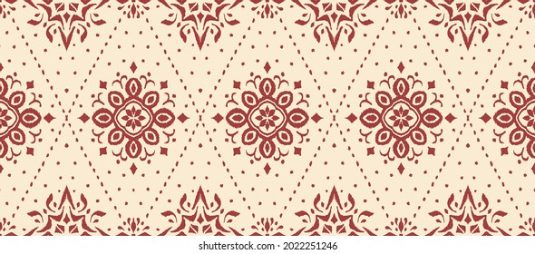 Ikat seamless pattern. Border with snowflakes. Openwork lace. New year Christmas background. Vector tie dye shibori print with stripes and chevron. Ink textured japanese background. Bohemian fashion. 