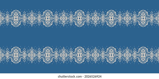 Ikat seamless pattern. Border with snowflakes. Openwork lace. New year Christmas background. Vector tie dye shibori print with stripes and chevron. Ink textured japanese background. Bohemian fashion. 