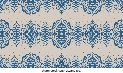 Ikat seamless pattern. Border with snowflakes. Openwork lace. New year Christmas background. Vector tie dye shibori print with stripes and chevron. Ink textured japanese background. Bohemian fashion. 