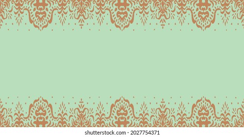Ikat seamless pattern. Border with snowflakes. Openwork lace. New year Christmas background. Vector tie dye shibori print with stripes and chevron. Ink textured japanese background. Bohemian fashion. 