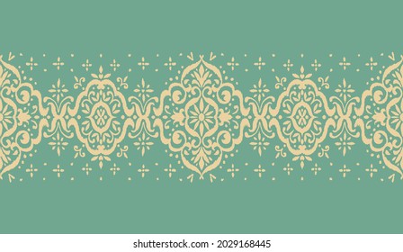 Ikat seamless pattern. Border with snowflakes. Openwork lace. New year Christmas background. Vector tie dye shibori print with stripes and chevron. Ink textured japanese background. Bohemian fashion. 