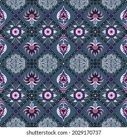 Ikat seamless pattern. Border with snowflakes. Openwork lace. New year Christmas background. Vector tie dye shibori print with stripes and chevron. Ink textured japanese background. Bohemian fashion.
