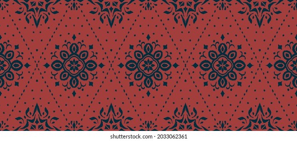 Ikat seamless pattern. Border with snowflakes. Openwork lace. New year Christmas background. Vector tie dye shibori print with stripes and chevron. Ink textured japanese background. Bohemian fashion. 