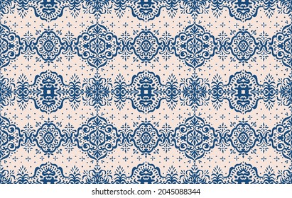 Ikat seamless pattern. Border with snowflakes. Openwork lace. New year Christmas background. Vector tie dye shibori print with stripes and chevron. Ink textured japanese background. Bohemian fashion. 