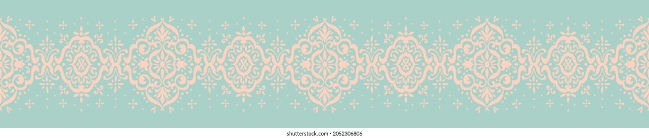 Ikat seamless pattern. Border with snowflakes. Openwork lace. New year Christmas background. Vector tie dye shibori print with stripes and chevron. Ink textured japanese background. Bohemian fashion. 