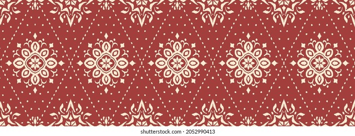 Ikat nahtloses Muster. Grenze mit Schneeflocken. Arbeitstisch. Neues Jahr Weihnachten Hintergrund. Vektorbinde Farbe Shibori Druck mit Streifen und Chevron. Tintenfisch strukturierter japanischer Hintergrund. Böhmische Mode. 