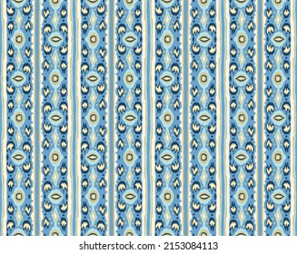 Ikat seamless pattern. Border with snowflakes. Openwork lace. New year Christmas background. Vector tie dye shibori print with stripes and chevron. Ink textured japanese background. Bohemian fashion.