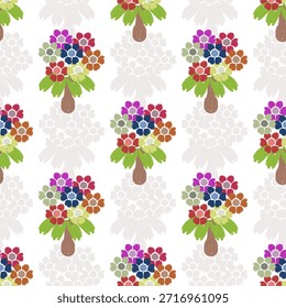 Ikat seamless pattern with colorful flowers and leaves on a white background. Vector illustration. Flower vintage background. Ikat handmade pattern. Design for wallpaper and textiles.
