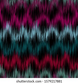 Ikat seamless pattern. Colorful  waves on black background. Geometric abstract texture.