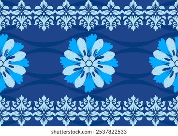 Ikat nahtloses Muster - Dunkle Azure und helle Azure Theme Farben. Vector Illustrator Digitaler Datei-Download für Druck, druckbare, Textilien, Tapeten, Hintergrund, Teppich, Buchumschlag und viele Projekte.
