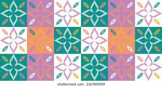 Patrón Ikat Seamless. Patrones florales decorativos de estilos tribales étnicos. Flores de varios colores Diseño Arte para la industria del papel de tela de envoltura de impresión