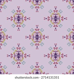 Patrón sin fisuras Ikat con flores decorativas en estilo retro. Fondo de pantalla vintage oriental. Ilustración vectorial. Patrón de damasco en estilo vintage para azulejos y textiles.