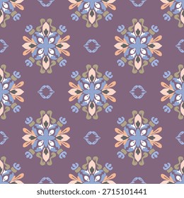 Ikat patrón sin fisuras con flores decorativas sobre un fondo púrpura. Fondo de pantalla floral. Ilustración vectorial. Patrón de damasco en estilo vintage para azulejos y decoración del hogar.
