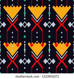 Ikat Seamless Pattern Design. Ethnic fabric. Bohemian fashion. Vector illustration.
