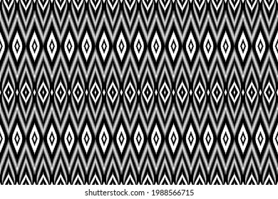 Ikat Diseño de Patrón sin Marea para tela. Patrón ininterrumpido de Ikat. Diseño de superficie para impresión, tela, papel pintado, envoltura de regalo, textura. Ilustración vectorial tribal. Fondo blanco y negro. Boho, étnico 