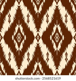 Ikat seamless pattern. Embroidery on fabric geometric ethnic oriental tribal textile art print beautiful background design for wallpaper, fabric, clothing, texture, carpet, batik. Vector Illustration