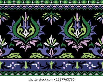 Ikat seamless pattern. Ethnic print in Aztec style with repeating abstract ornament. Traditional oriental floral embroidery for wrapping, carpet, fabrics and textiles Cartoon flat vector illustration