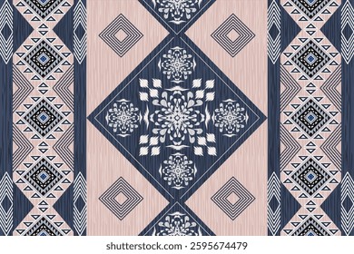   Ikat seamless pattern. Ethnic South Western decor style. Ikat Boho geometric ornament. Vector seamless pattern. Mexican blanket, rug. Woven carpet