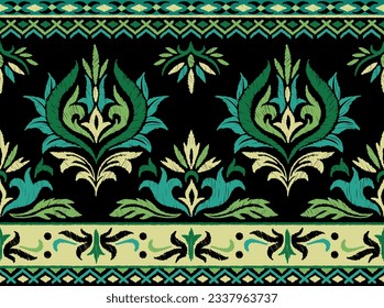 Ikat seamless pattern. Floral ethnic embroidery with abstract oriental ornament in aztec style. Traditional repeating print for textile and fabric, clothes and carpet. Cartoon flat vector illustration