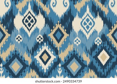 Ikat seamless pattern, geometric design, motif ethnic handmade, Ikat ethnic tribal, boho colors seamless wallpaper. Ethnic Ikat abstract background art.Illustration for greeting cards, printing