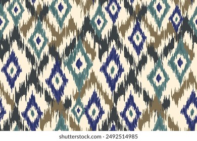 Ikat seamless pattern, geometric design, motif ethnic handmade, Ikat ethnic tribal, boho colors seamless wallpaper. Ethnic Ikat abstract background art, greeting cards, printing products