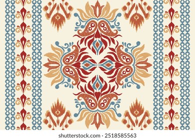 Ikat seamless pattern, geometric design, motif ethnic handmade, Ikat ethnic tribal, boho colors seamless wallpaper. Ethnic Ikat abstract background art, greeting cards, printing products