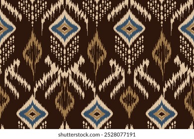 Patrón sin fisuras Ikat, diseño geométrico, motivo étnico hecho a mano, tribal étnico Ikat, Fondo de pantalla sin fisuras de colores boho. Arte de fondo abstracto de Ikat étnico. Ilustración para tarjetas de felicitación, impresión	
