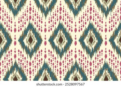 Ikat nahtloses Muster, geometrisches Design, Motiv ethnisch handgefertigt, Ikat ethnischen Stamm, Boho Farben nahtlose Tapete. Ethnische Ikat abstrakte Hintergrundkunst.Illustration für Grußkarten, Drucken
