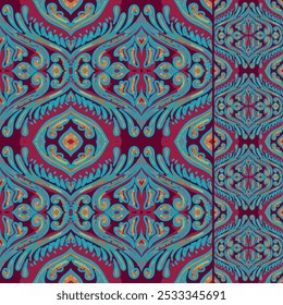 Ikat seamless pattern, geometric design, motif ethnic handmade, Ikat ethnic tribal, boho colors seamless wallpaper. Ethnic Ikat abstract background art, greeting cards, printing goods.