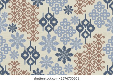 Ikat seamless pattern, geometric design, motif ethnic handmade, Ikat ethnic tribal, boho colors seamless wallpaper. Ethnic Ikat abstract background art.Illustration for greeting cards, printing