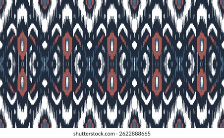 Patrón sin fisuras Ikat, diseño geométrico, motivo étnico hecho a mano, tribal étnico Ikat, Fondo de pantalla sin fisuras de colores boho. Arte de fondo abstracto de Ikat étnico. Ilustración para tarjetas de felicitación, impresión