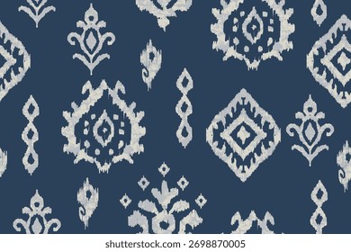 Patrón sin fisuras Ikat, diseño geométrico, motivo étnico hecho a mano, tribal étnico Ikat, Fondo de pantalla sin fisuras de colores boho. Arte de fondo abstracto de Ikat étnico. Ilustración para tarjetas de felicitación, impresión