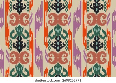 Ikat seamless pattern, geometric design, motif ethnic handmade, Ikat ethnic tribal, boho colors seamless wallpaper. Ethnic Ikat abstract background art, greeting cards, printing products