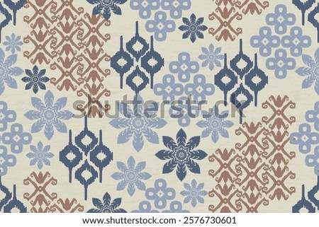 Ikat seamless pattern, geometric design, motif ethnic handmade, Ikat ethnic tribal, boho colors seamless wallpaper. Ethnic Ikat abstract background art.Illustration for greeting cards, printing