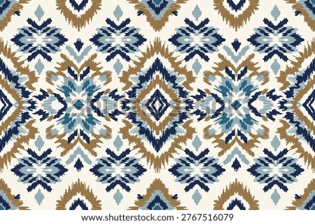 Ikat seamless pattern with geometric tribal ornament in blue and brown tones, ethnic boho textile background for fabric wallpaper and decorative surface design.
