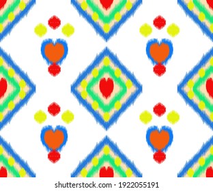 Ikat nahtlose Muster für Ideen zur Innendekoration. Ethnische, indische, afrikanische, amerikanische, aztekische, boho, geometrische Chevron-Tapete. Kissen, Stoffdekoration. Farbige Vektorgrafiken, Hintergrund.