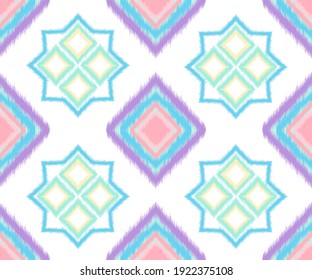 Ikat seamless pattern for home decor ideas. Ethnic, Indian, African, American, Aztec, boho, geometric chevron wallpaper. Pillow textile decoration. Colorful vector illustrations background.