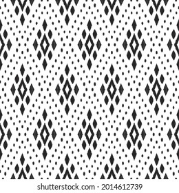 Ikat seamless pattern for home decor ideas, textile, wallpaper, card or wrapping paper. Ethnic, indian, boho fashion style. Tribal vector background. Black and white graphic design.