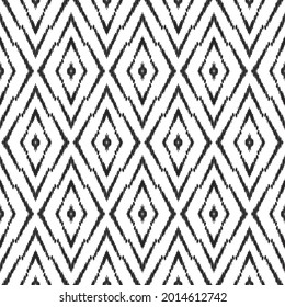 Ikat patrón sin fisuras para la decoración del hogar ideas, textil, papel pintado, tarjeta o papel envolvente. Fondo vectorial. Diseño gráfico en blanco y negro.