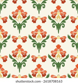 Ikat padrão sem costura, fundo de motivo indiano, étnico islâmico, bordado floral para impressão, tecido.