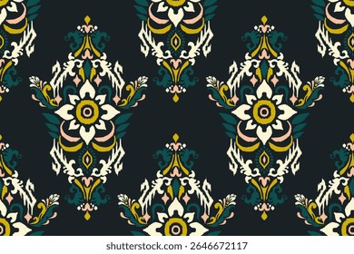 Ikat seamless pattern on black background,Ikat oriental seamless pattern,Vector illustration,Ikat floral seamless pattern,hand drawn embroidery.design for texture,fabric,clothing,decoration,print,sari