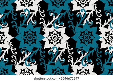 Ikat seamless pattern on black background,Ikat oriental seamless pattern,Vector illustration,Ikat floral seamless pattern,hand drawn embroidery.design for texture,fabric,clothing,decoration,print