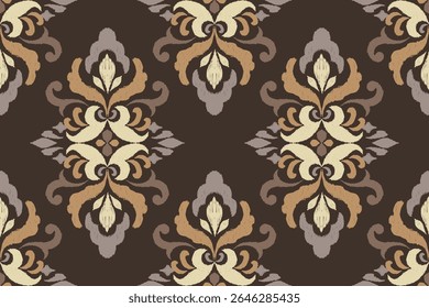Ikat seamless pattern on brown background,Ikat oriental seamless pattern,Vector illustration,Ikat floral seamless pattern,hand drawn embroidery.design for texture,fabric,clothing,decoration,print,sari