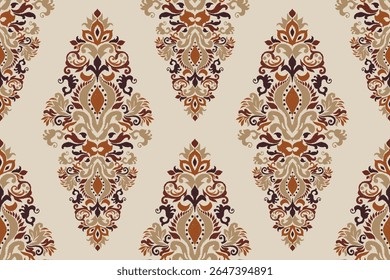 Ikat seamless pattern on brown background,Ikat oriental seamless pattern,Vector illustration,Ikat floral seamless pattern,hand drawn embroidery.design for texture,fabric,clothing,decoration,print,sari