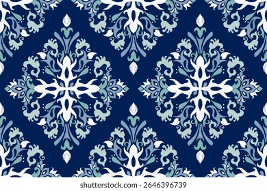 Ikat seamless pattern on navy blue background,Ikat oriental seamless pattern,Vector illustration,Ikat floral seamless pattern,hand drawn embroidery.design for texture,fabric,clothing,decoration,print.