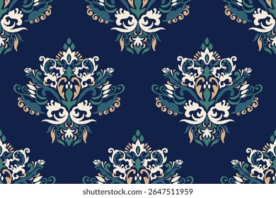 Ikat seamless pattern on navy blue background,Ikat oriental seamless pattern,Vector illustration,Ikat floral seamless pattern,hand drawn embroidery.design for texture,fabric,clothing,decoration,print.