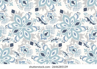 Ikat seamless pattern on white background,Ikat oriental seamless pattern,Vector illustration,Ikat floral seamless pattern,hand drawn embroidery.design for texture,fabric,clothing,decoration,print,sari