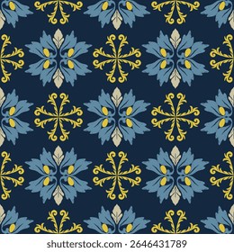 Ikat seamless pattern in oriental style. Talavera pottery. Azulejos, Portugal. Turkish ornament. Spanish porcelain. Ceramic tableware, folk print. Ethnic background. Mediterranean wallpaper. 