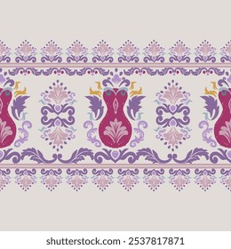 Patrón sin fisuras Ikat - Colores temáticos de color rosa y púrpura. Vector Illustrator Descarga de archivo digital para impresión, imprimible, textil, Fondo de pantalla, fondo, alfombra, cubierta de libro y muchos proyectos.